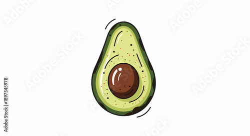 A stylized avocado half with a prominent seed, vibrant green flesh, and textured skin
