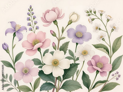 Soft pink rose floral cluster botanical illustration