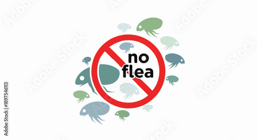 A graphic symbol indicating no fleas are present, surrounded by many small flea icons