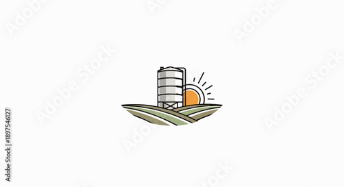 Stylized farm silo and sun over rolling fields