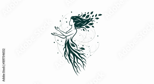 Mystical feminine figure with roots and leaves, surrounded by ethereal circles and dots