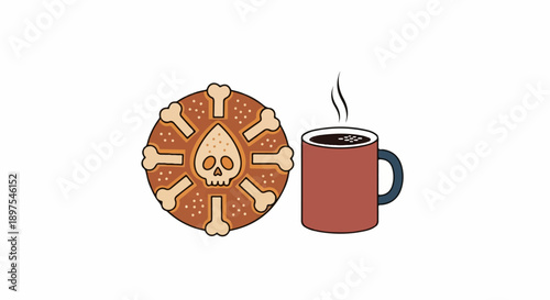 A skull-decorated pretzel and a steaming mug of coffee