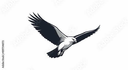 A graphic illustration of a bird of prey in mid-flight, with dark wings outstretched against a white background