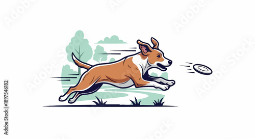 Energetic dog in full stride, chasing a frisbee across a park landscape