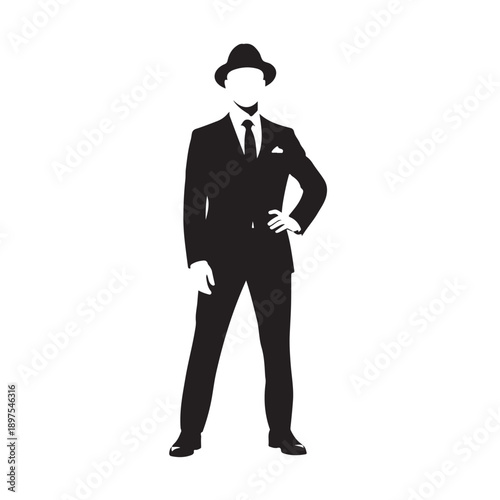Man in suit and hat silhouette in modern minimalist style with high contrast black and white for branding