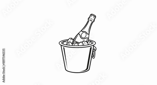 A black and white illustration of a champagne bottle chilling in an ice bucket