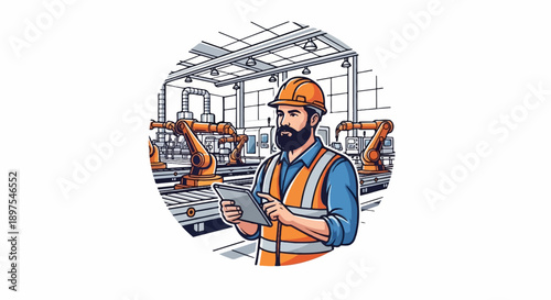 Technician overseeing automated factory production with robotic arms and conveyor belts