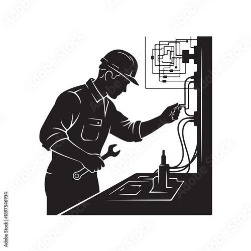 Industrial electrician working on electrical panel in monochrome minimalist style with dramatic lighting on dark background for technical documentation