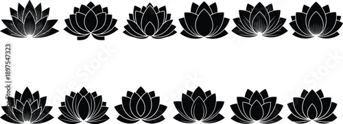 WebBlack vector silhouette set of lotus flowers for concepts of yoga meditation wellness spirituality beauty oriental spa and zen branding,