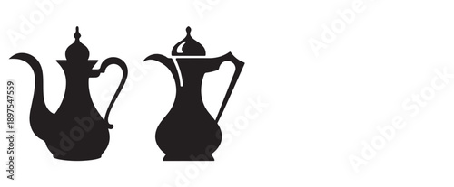 Two elegant teapots silhouette, with intricate detailing and design. Perfect for projects related to Middle Eastern culture.