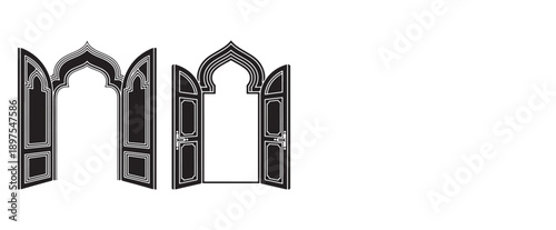 Open arch doors in a middle-eastern style, the architectural detail and symmetrical design create a sense of mystery and invitation. The open doors give a glimpse of what's on the other side.