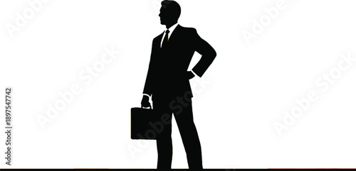 Adobe Illustrator ArtworkSilhouette of a confident businessman standing with a briefcase and hand on hip against a stark white background symbolizing ambition and success.