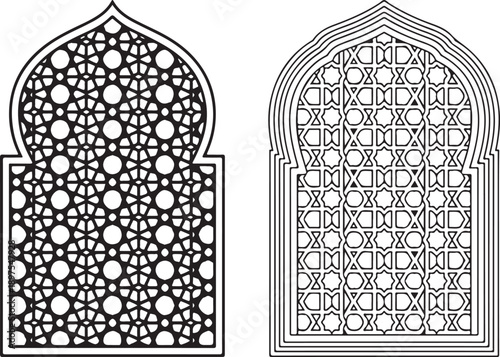 Two unique Islamic-style arched windows, with intricate geometric patterns. They are symmetrical, elegant and the patterns would be great to use for design.