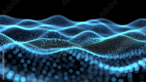Abstract blue glowing particle waves and light forms on a dark background