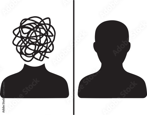 Conflicting states of mind chaos and clarity visualized as head silhouettes