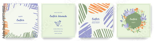Happy Easter set of square banners, invitations, greeting cards, posters, holiday covers. Modern design with abstract and hand drawn botanical elements, chicken, eggs. Pastel vector illustration.
