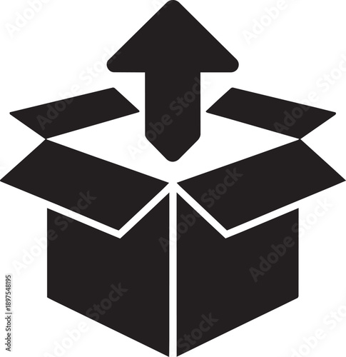 Open cardboard box with upward arrow indicating package unboxing and delivery export services