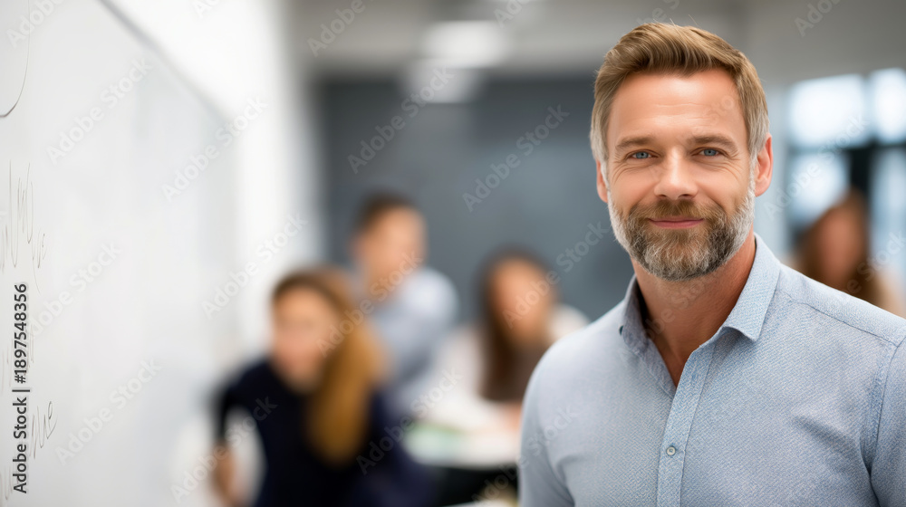 Fototapeta premium Teacher standing in front of whiteboard with blurred classroom background, modern teaching concept