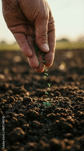 Farmer's hand sowing seeds into fertile soil at sunrise, close-up shot