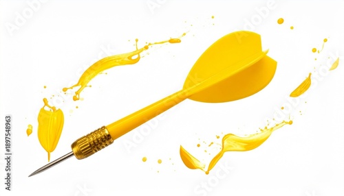 Yellow dart with metallic tip and paint splashes on white background symbolizing precision impact creativity and motion