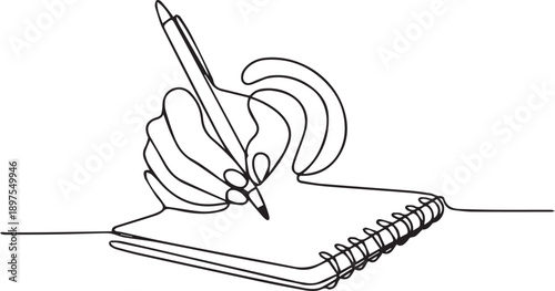 A hand holding a pen writes on a spiral notebook from a top-down viewpoint