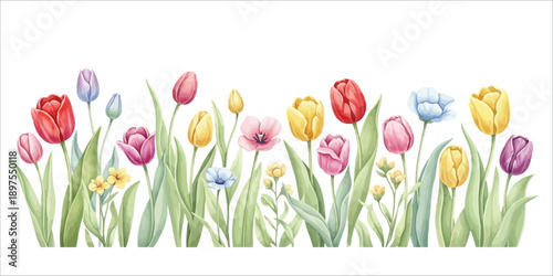 A colorful illustration of tulips and flowers in a lush green field