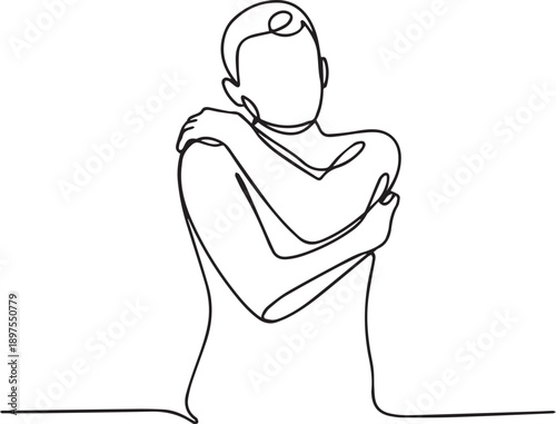 Illustration of a person embracing themselves in a contemplative pose