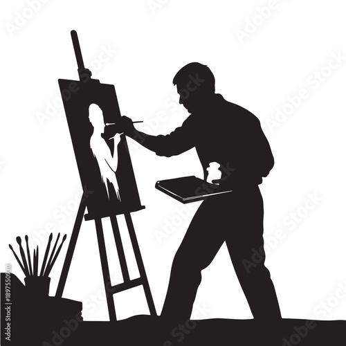 Silhouette of Painter at Work in Studio with Creative Lighting on White Background for Artistic
