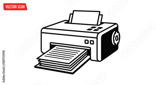 Simple Line Art Icon of a Printer Printing Documents.