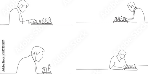 Man playing chess one continuous line art, Vector illustration, One line art, Line art graphic style