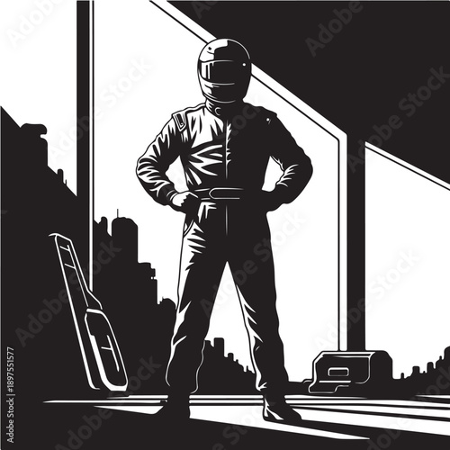 Racing Driver in Monochromatic Illustration with High Contrast Lighting on Black and White Background for Sports Editorial