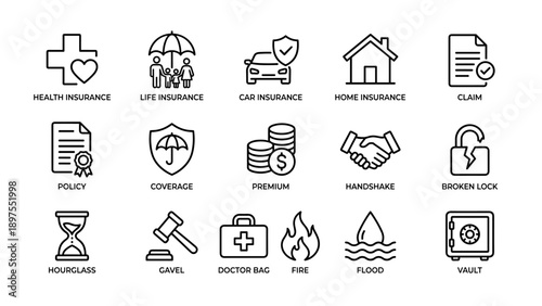 Comprehensive set of 16 insurance line icons featuring health, life, car, and home insurance, claim, policy, coverage, premium, handshake, broken lock, hourglass, gavel, medical bag, fire, flood,