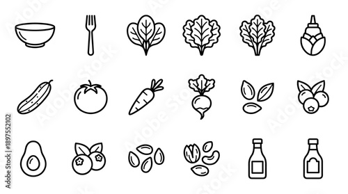 Minimalist Vector Icon Set of Healthy Vegan Salad Ingredients and Kitchen Tools Featuring Bowl, Fork, Spinach, Lettuce, Tomato, Cucumber, Carrot, Avocado, Seeds, Berries, and Dressing Bottles.