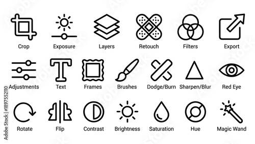 Comprehensive set of 20 minimalist vector line icons for photo editing software and photography apps, including crop, exposure, layers, retouch, filters, export, text, brushes, and more tools.