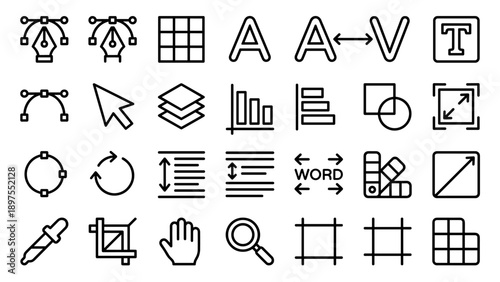 Comprehensive Vector Line Icon Set of 24 Graphic Design and Typography Tools Including Pen Tool, Anchor Points, Grid, Font, Kerning, Layers, Alignment, Shapes, Scaling, Eyedropper, and Crop Tool.