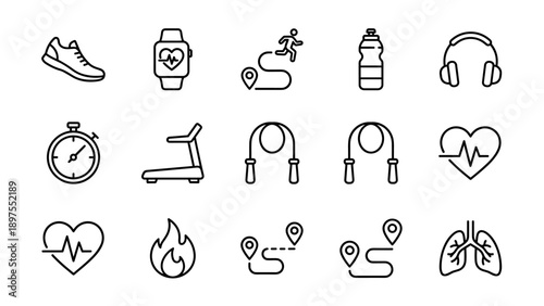 Comprehensive Set of Minimalist Vector Line Icons for Running and Cardio Fitness Tracking. Features Symbols for Heart Rate, Smartwatch, Treadmill, Stopwatch, Running Shoes, and Health Monitoring.