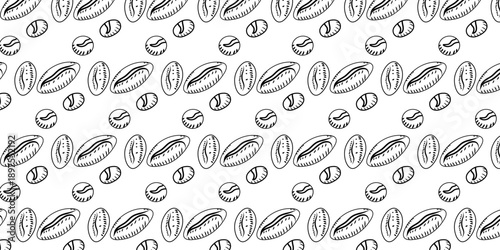 Seamless pattern featuring hand-drawn coffee beans in a repeating graphic illustration, perfect for food and beverage branding
