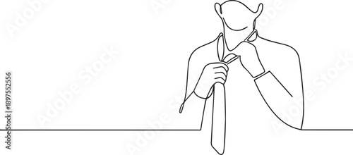 Man adjusting tie one continuous line art, Vector illustration, One line art, Line art graphic style