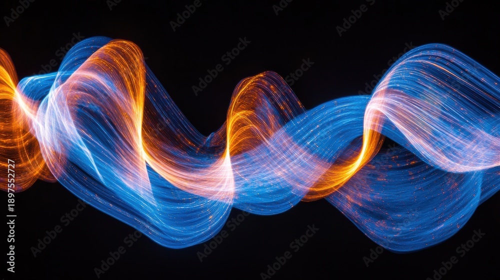 Fototapeta premium Glowing cable paths flowing fiber optic light trails electric blue orange amber waves long exposure abstract technology deep black background