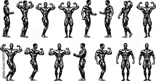 Bodybuilder silhouette set of muscular men posing, showing biceps, and flexing muscles for fitness gym, bodybuilding competition, and strength training vector illustration content.