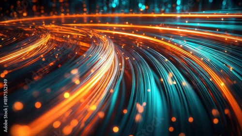 Light fiber paths streaming orange teal illuminated trails flowing through digital space curved motion blur technology visualization abstract composition