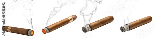 Bild auf Leinwand Set of Brown Cigars with Burning Tips and Wisps of Smoke Isolated on Transparent