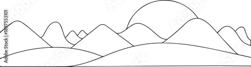 Mountains and sun one continuous line art, Vector illustration, One line art, Line art graphic style