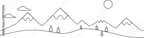 Mountains and sun one continuous line art, Vector illustration, One line art, Line art graphic style