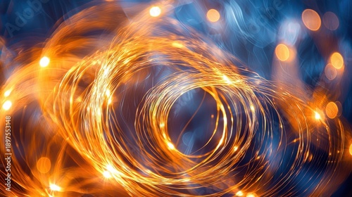 Macro fiber paths golden orange light trails spiral circular motion dark blue background extended exposure abstract patterns luminous strands