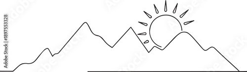 Mountains and sun one continuous line art, Vector illustration, One line art, Line art graphic style
