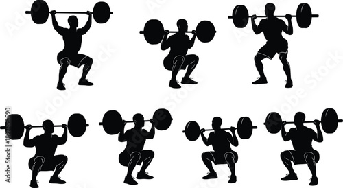 Weightlifting silhouette set of man performing barbell squats, overhead press, and powerlifting exercises for gym workout, strength training, and bodybuilding vector illustration content.