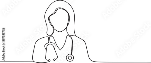 Female doctor one continuous line art, Vector illustration, One line art, Line art graphic style