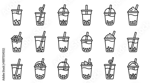 Minimalist Vector Icon Set of Bubble Tea Cups and Boba Drinks in Black and White Line Art Style, Featuring Various Cup Shapes, Lids, Straws, Tapioca Pearls, and Toppings for Graphic Design.