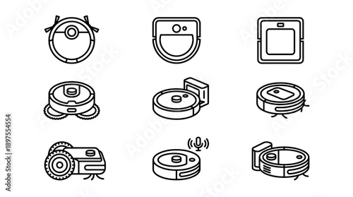 Minimalist Robotic Vacuum Cleaner Icon Set in Line Art Style, Featuring Various Smart Home Cleaning Device Models, Automatic Floor Sweepers, and Charging Docks for Modern Household Technology.